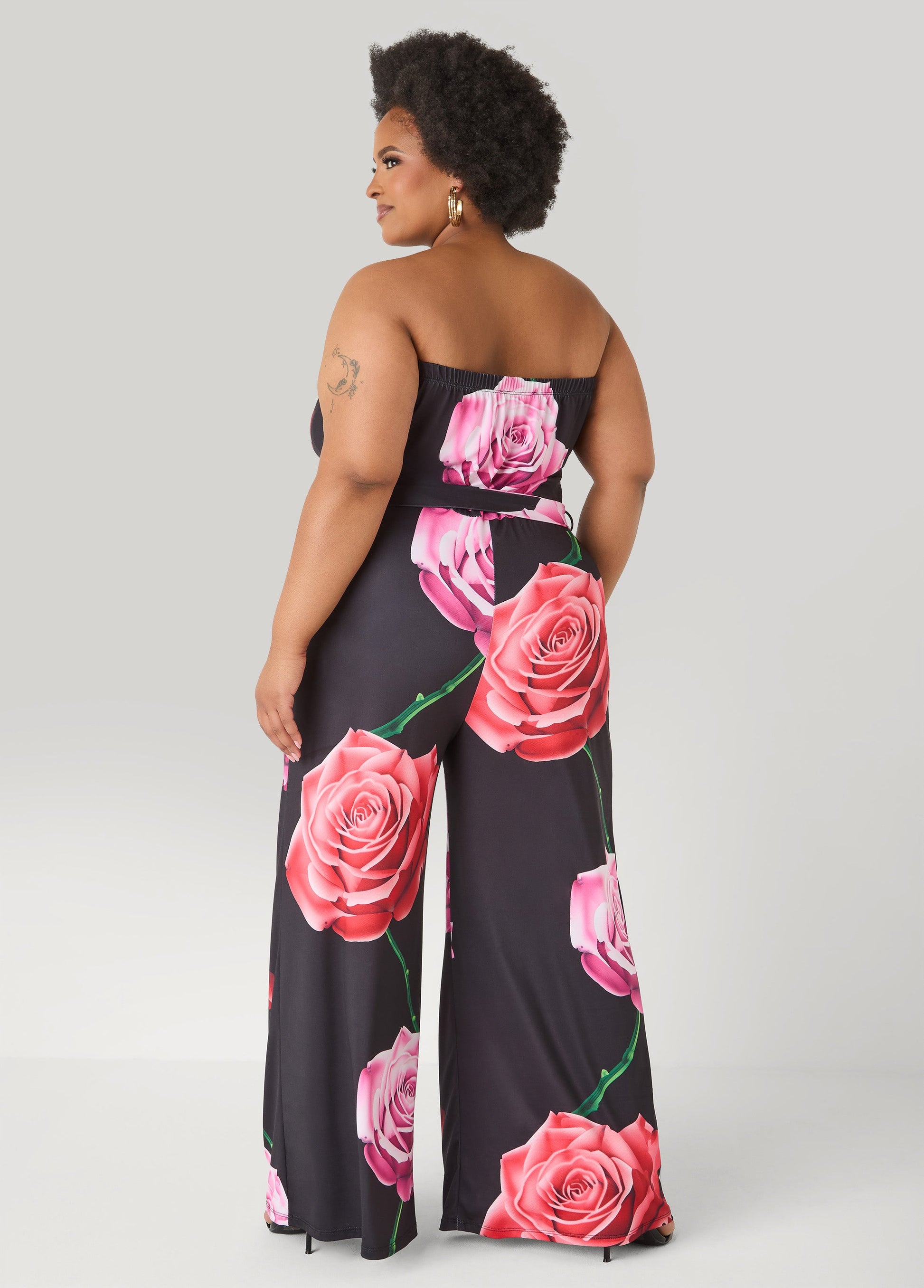Ashley Stewart Strapless Rose Print Jumpsuit Black Combo