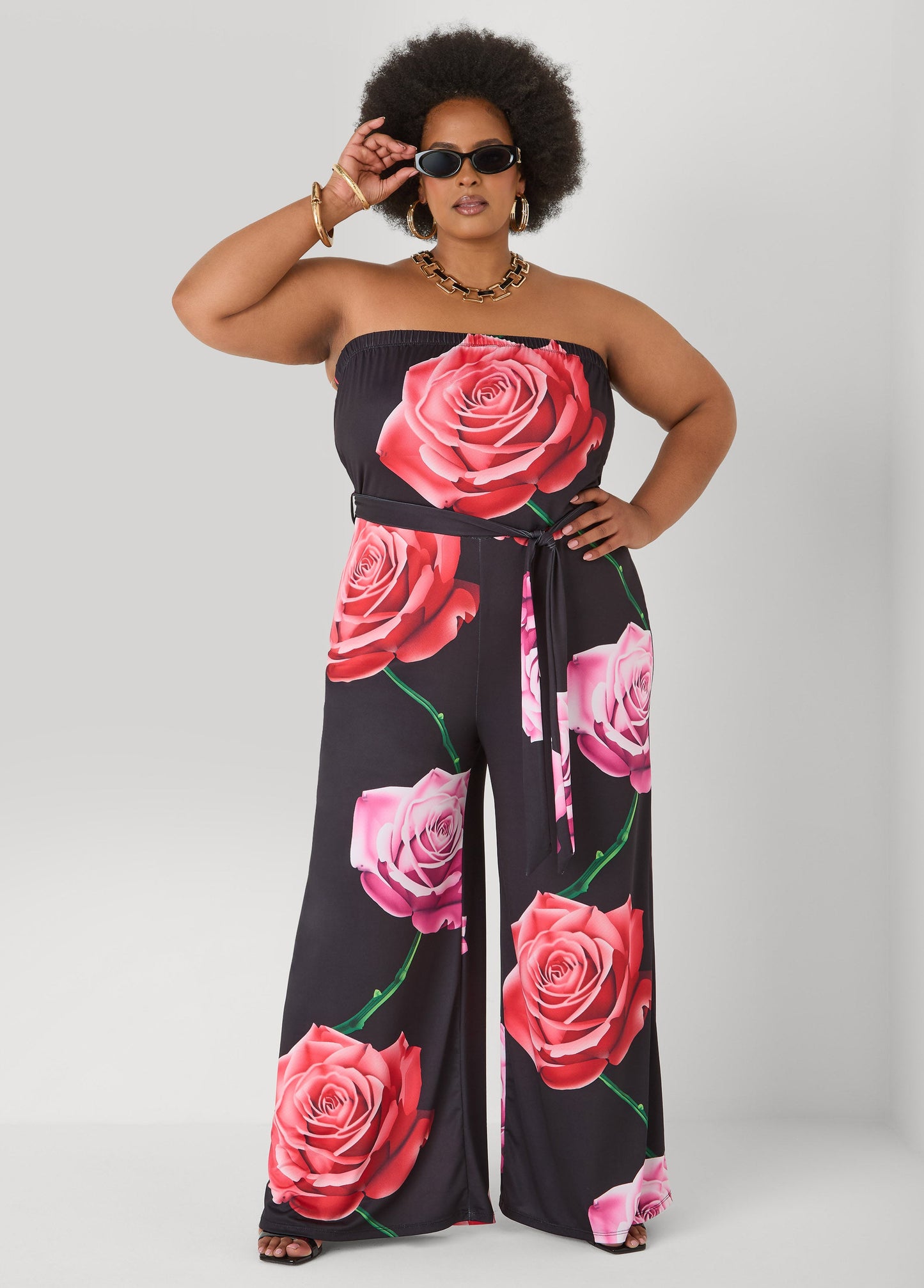 Ashley Stewart Strapless Rose Print Jumpsuit Black Combo