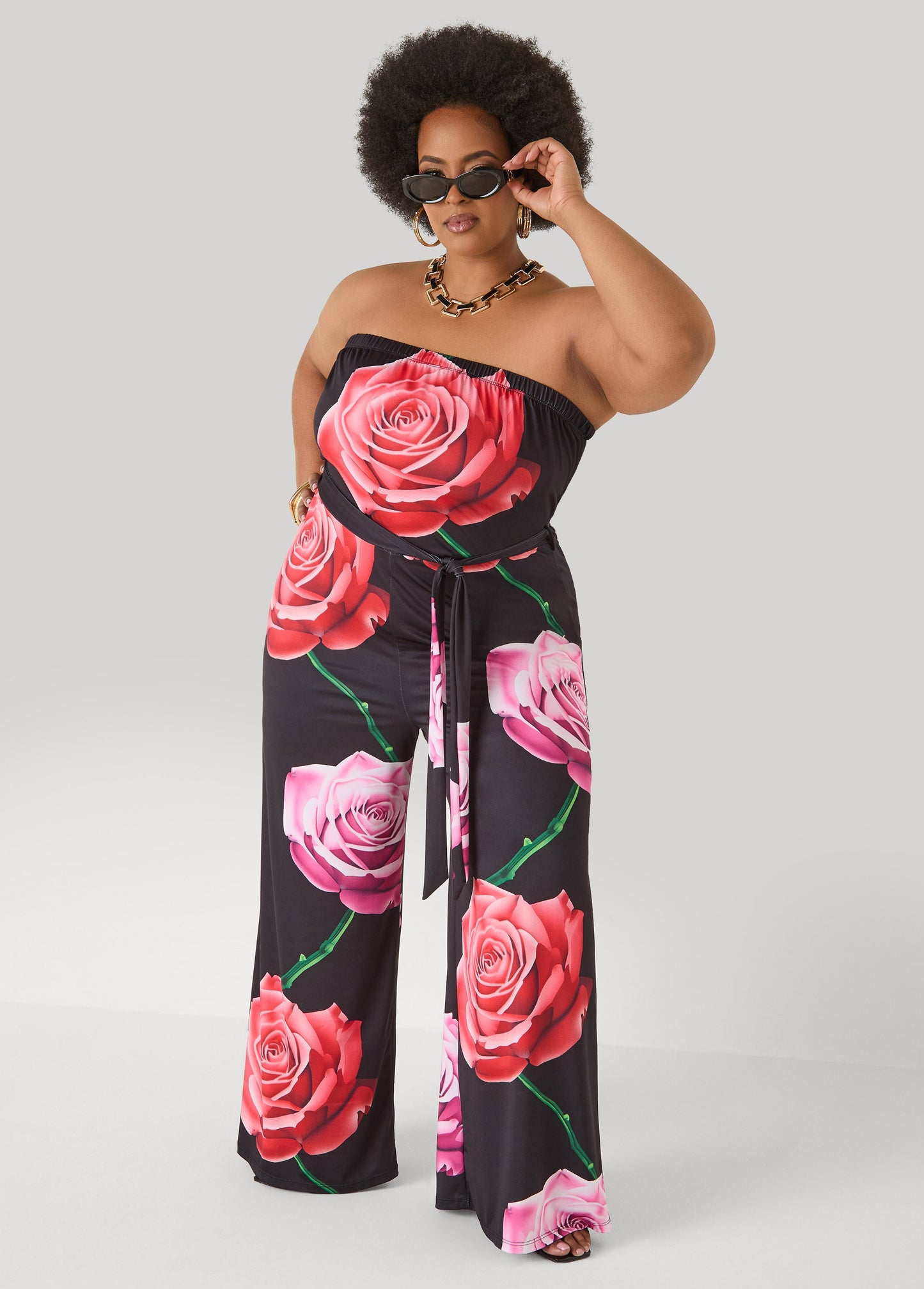 Ashley Stewart Strapless Rose Print Jumpsuit Black Combo