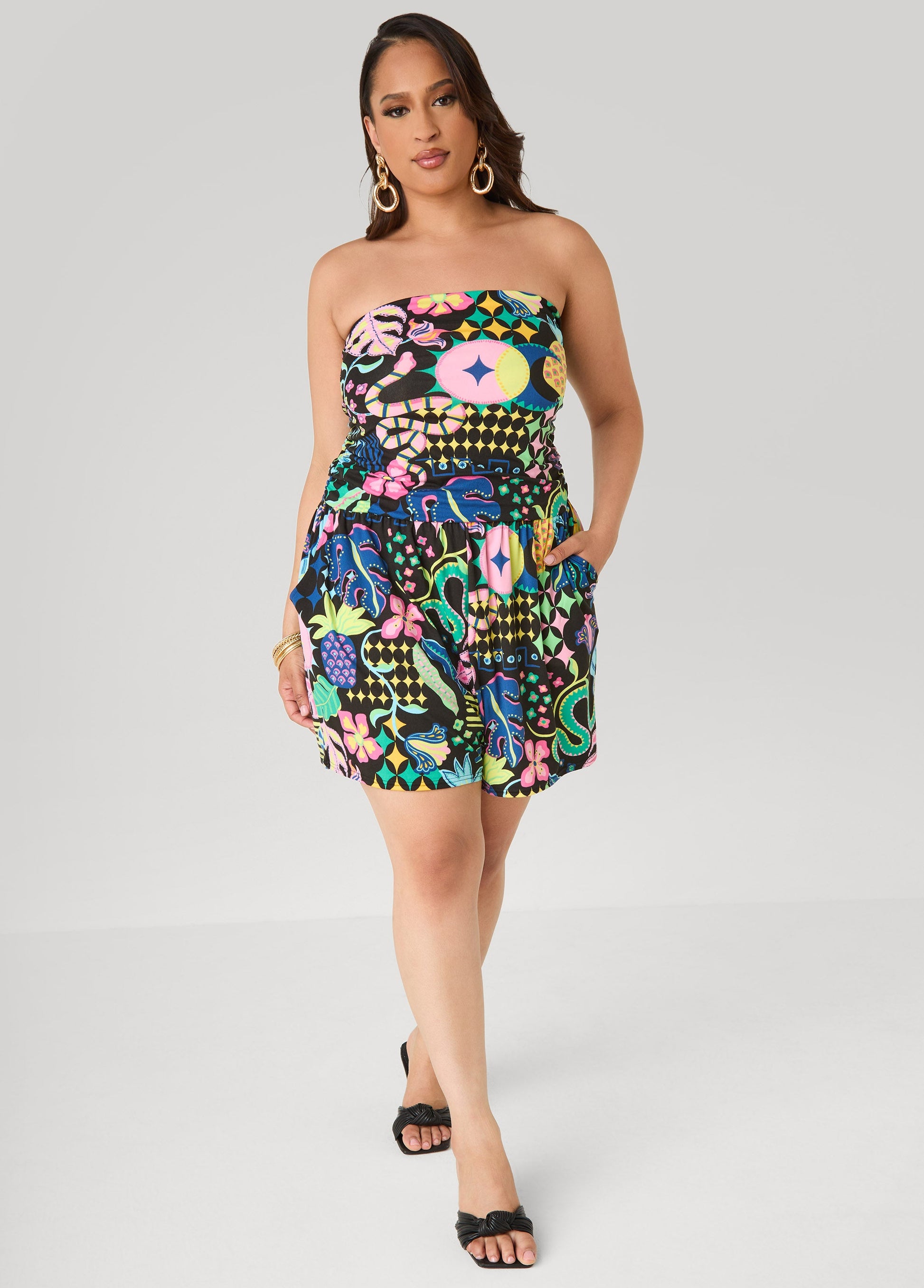 Ashley Stewart Strapless Printed Romper Black Combo