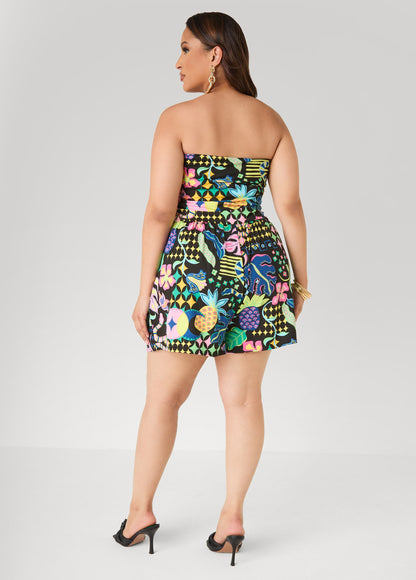 Ashley Stewart Strapless Printed Romper Black Combo