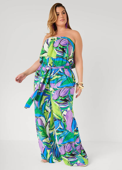 Ashley Stewart Strapless Leaf Print Jumpsuit Victoria Blue