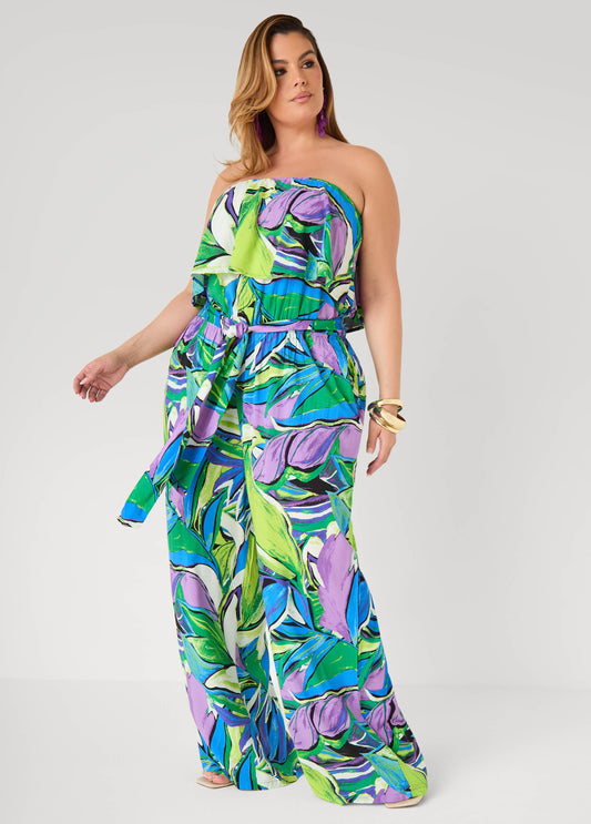 Ashley Stewart Strapless Leaf Print Jumpsuit Victoria Blue