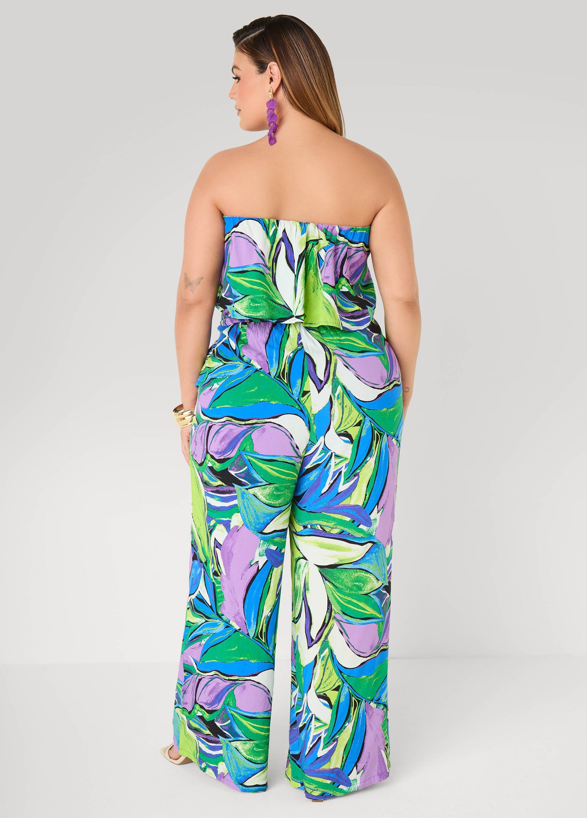 Ashley Stewart Strapless Leaf Print Jumpsuit Victoria Blue