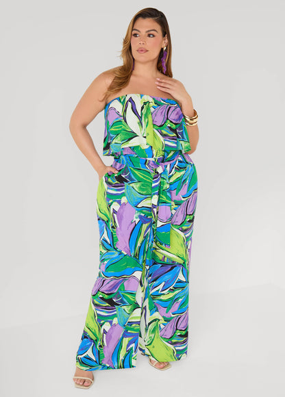Ashley Stewart Strapless Leaf Print Jumpsuit Victoria Blue
