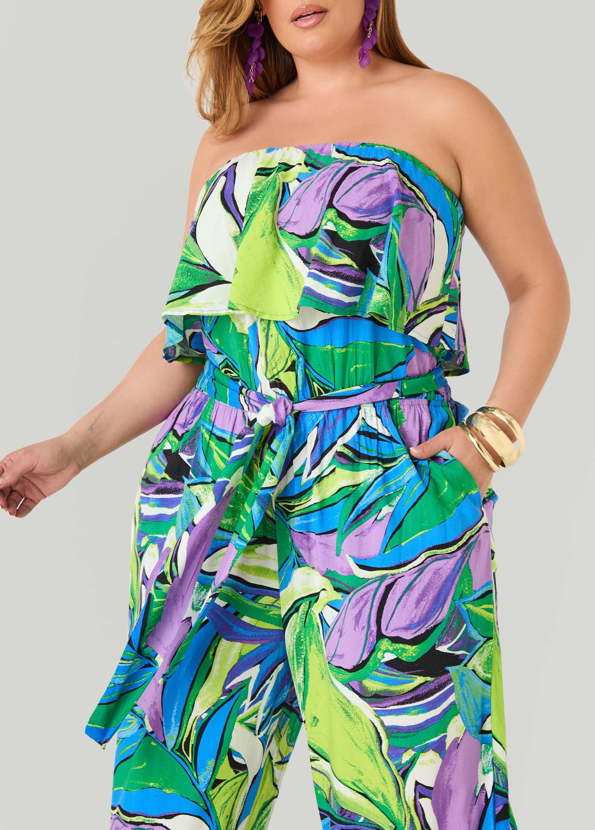 Ashley Stewart Strapless Leaf Print Jumpsuit Victoria Blue