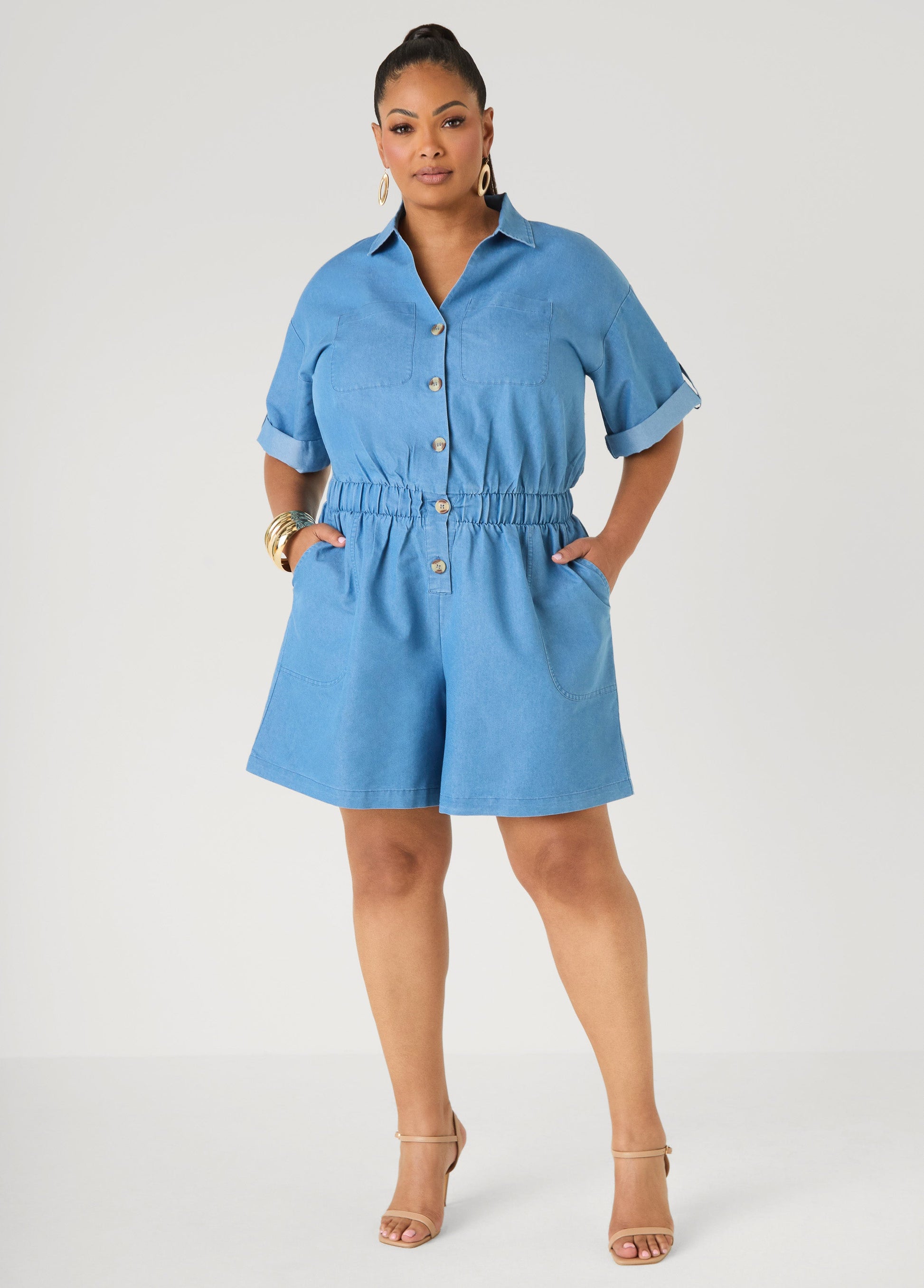 Ashley Stewart Cuffed Chambray Romper Denim