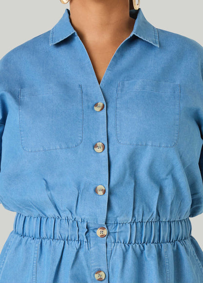 Ashley Stewart Cuffed Chambray Romper Denim