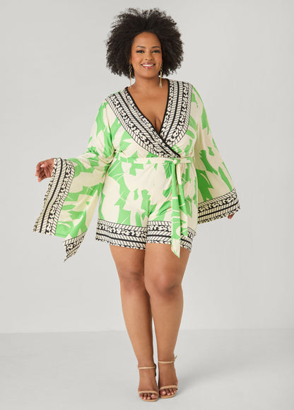 Ashley Stewart Drama Sleeved Printed Romper Bud Green