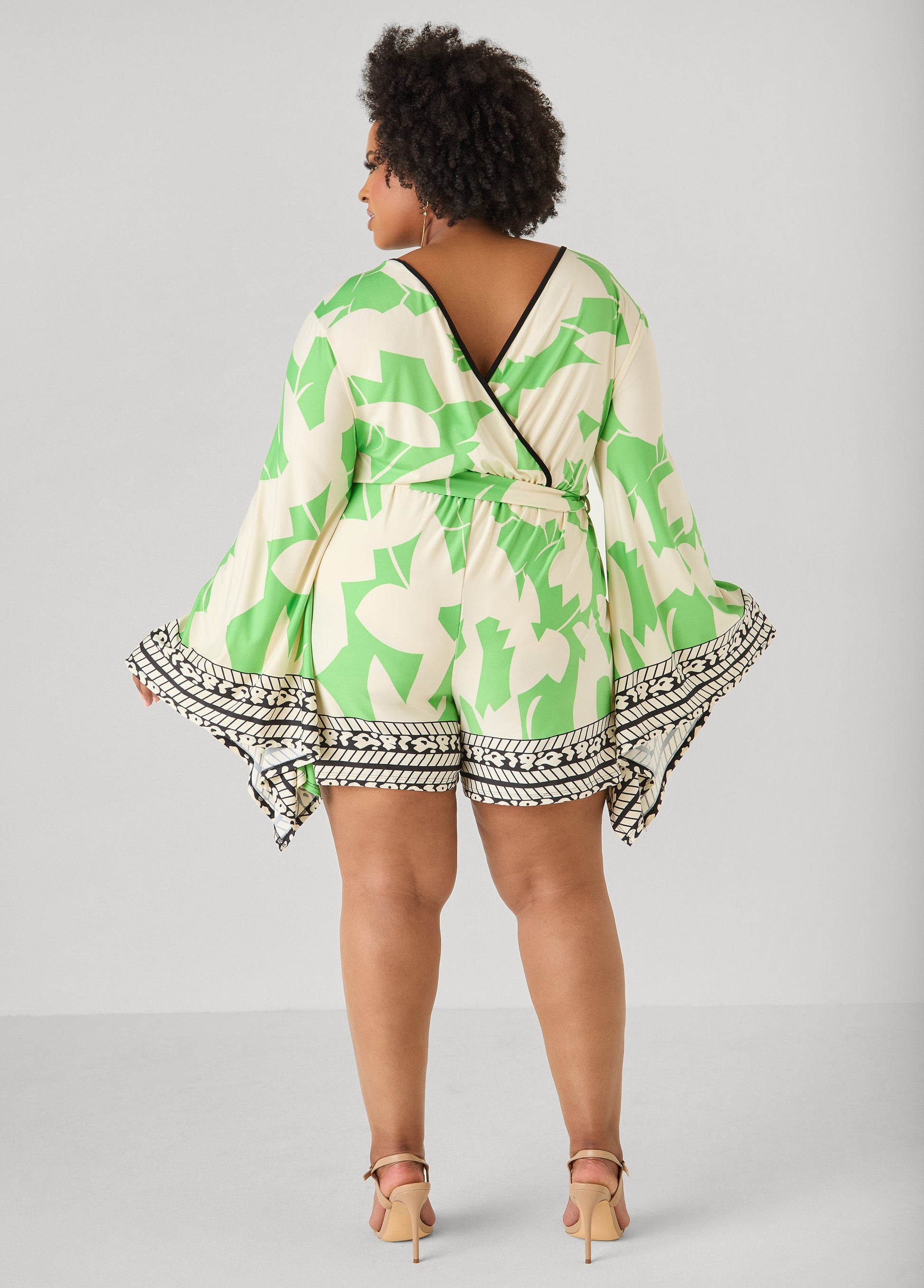 Ashley Stewart Drama Sleeved Printed Romper Bud Green