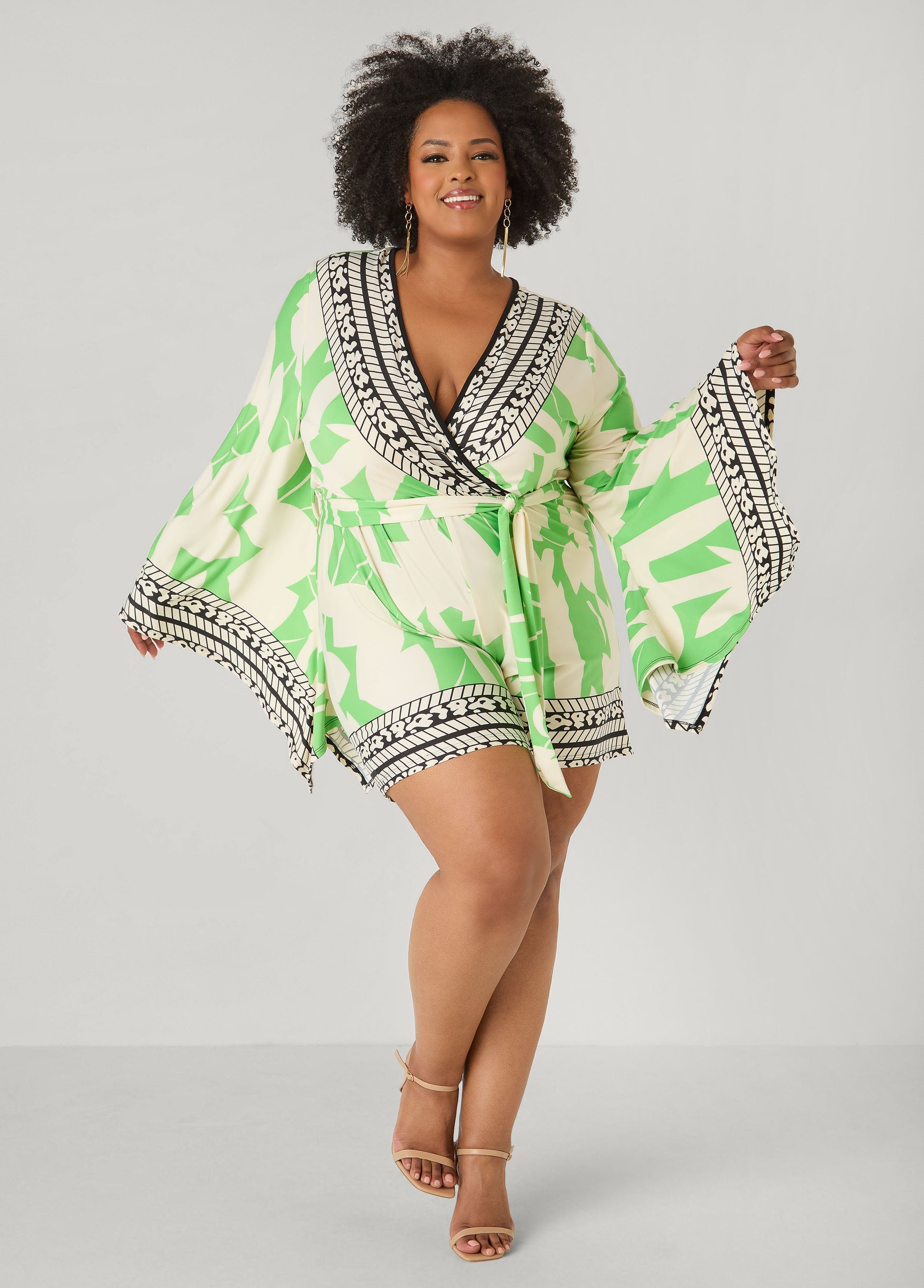 Ashley Stewart Drama Sleeved Printed Romper Bud Green