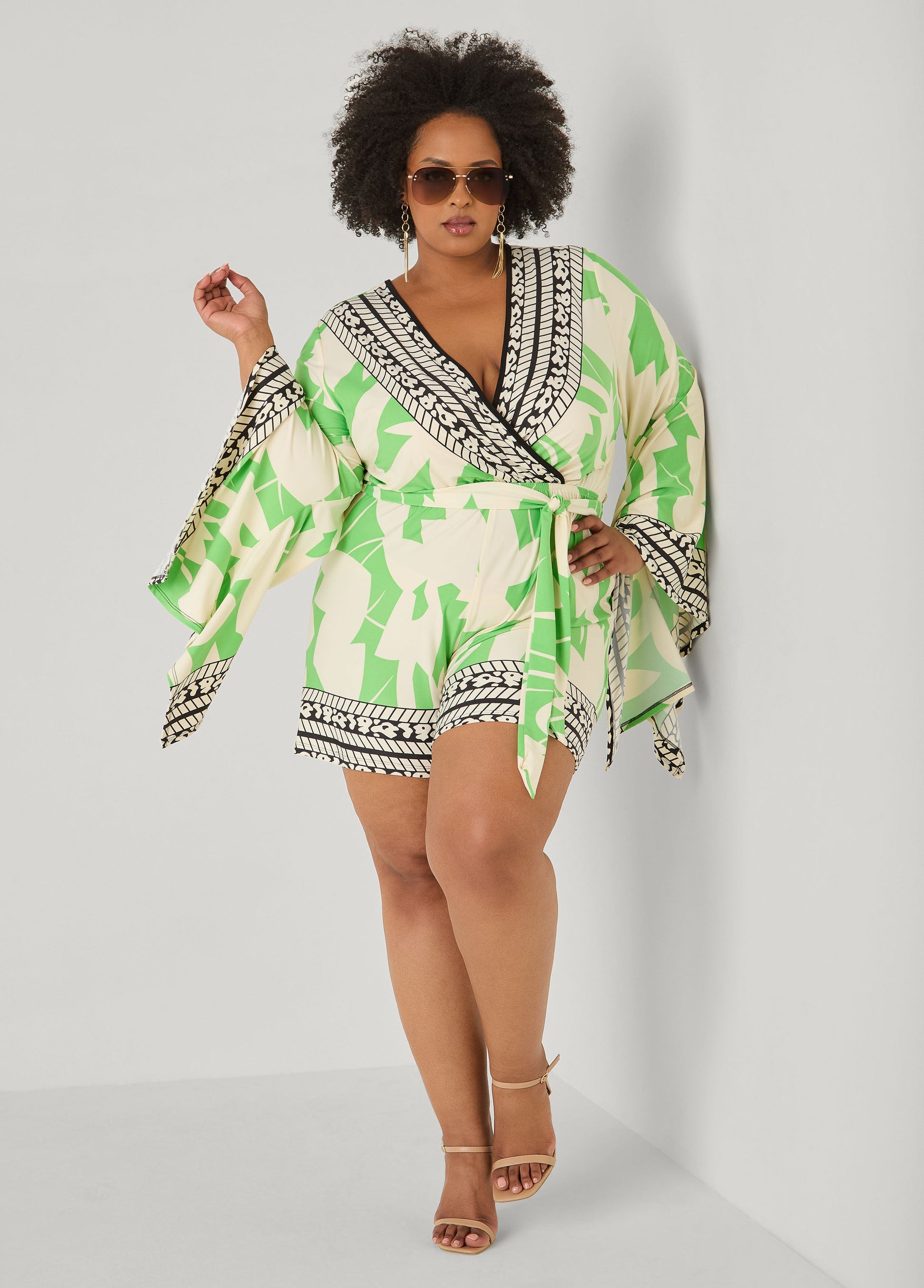Ashley Stewart Drama Sleeved Printed Romper Bud Green