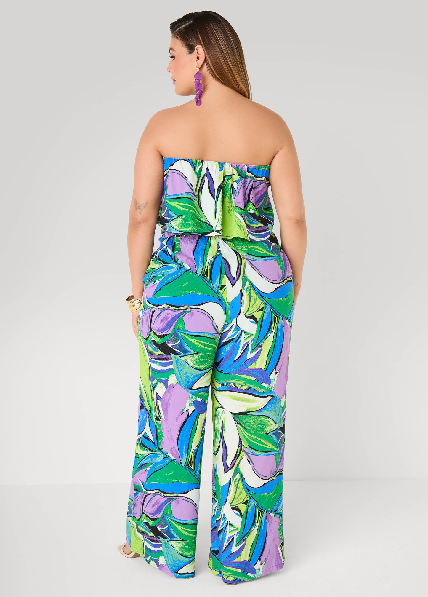 Ashley Stewart Tall Strapless Leaf Print Jumpsuit Victoria Blue