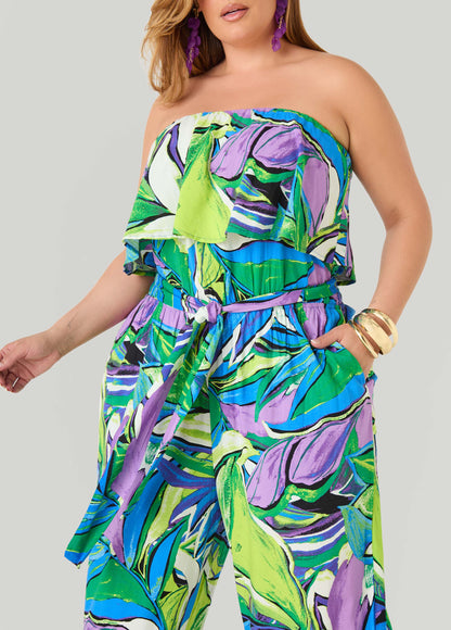 Ashley Stewart Tall Strapless Leaf Print Jumpsuit Victoria Blue