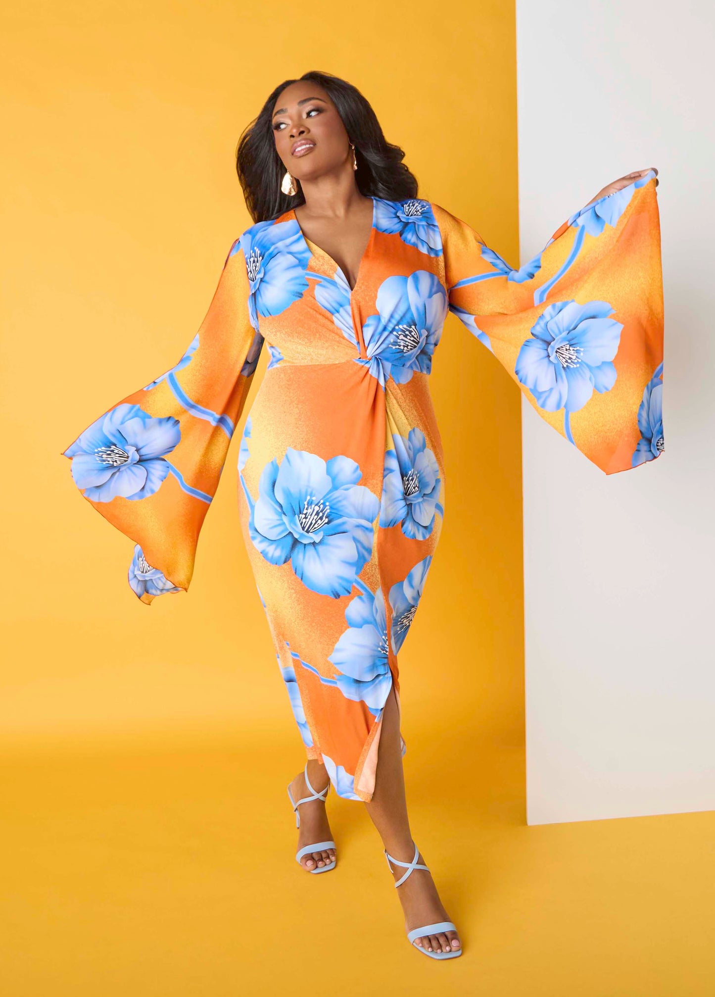 Ashley Stewart Split Sleeve Tropical Print Dress Persimmon Orange
