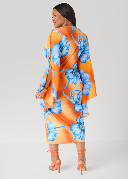 Ashley Stewart Split Sleeve Tropical Print Dress Persimmon Orange