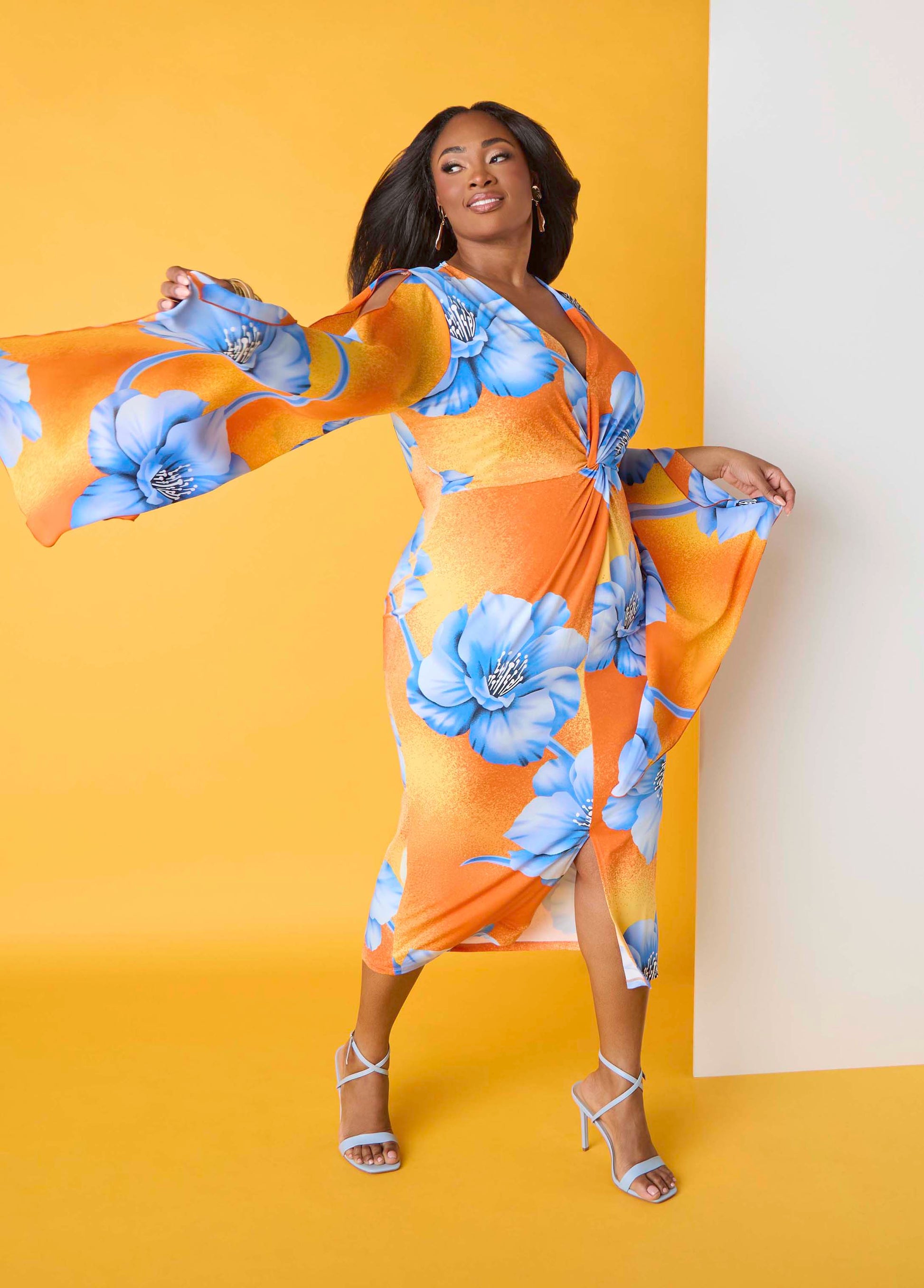 Ashley Stewart Split Sleeve Tropical Print Dress Persimmon Orange