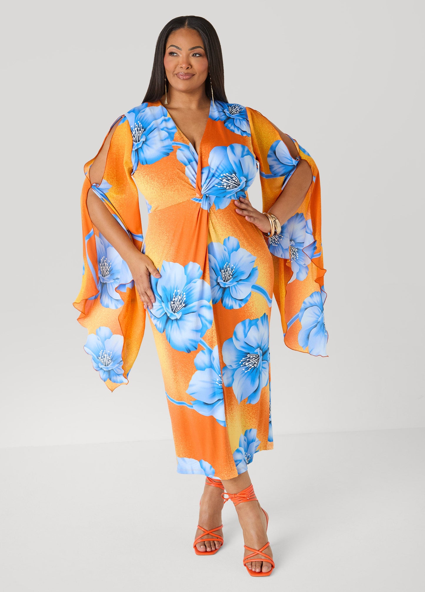 Ashley Stewart Split Sleeve Tropical Print Dress Persimmon Orange