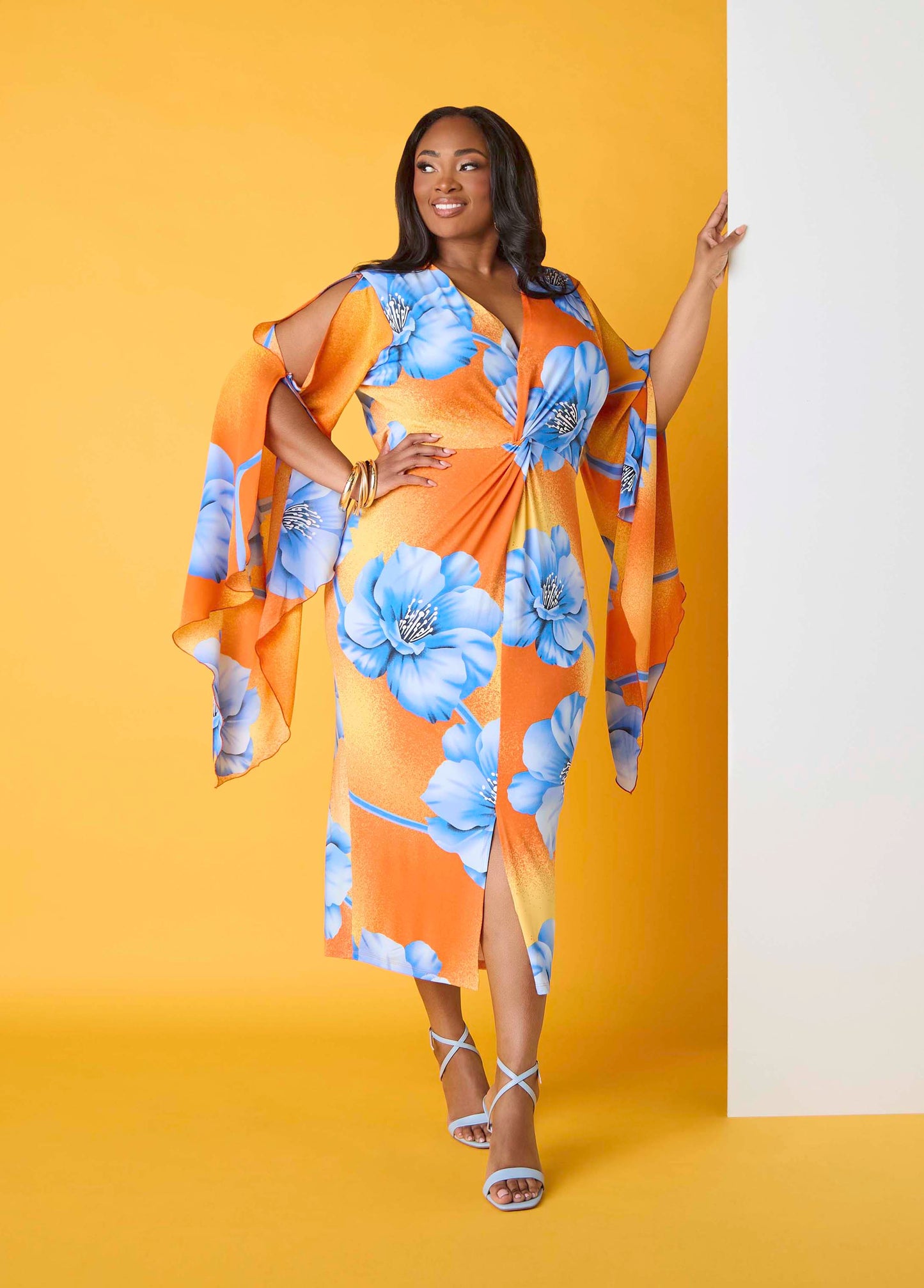 Ashley Stewart Split Sleeve Tropical Print Dress Persimmon Orange