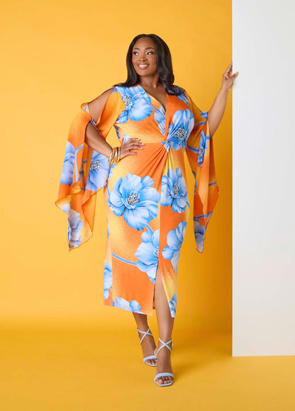 Ashley Stewart Split Sleeve Tropical Print Dress Persimmon Orange