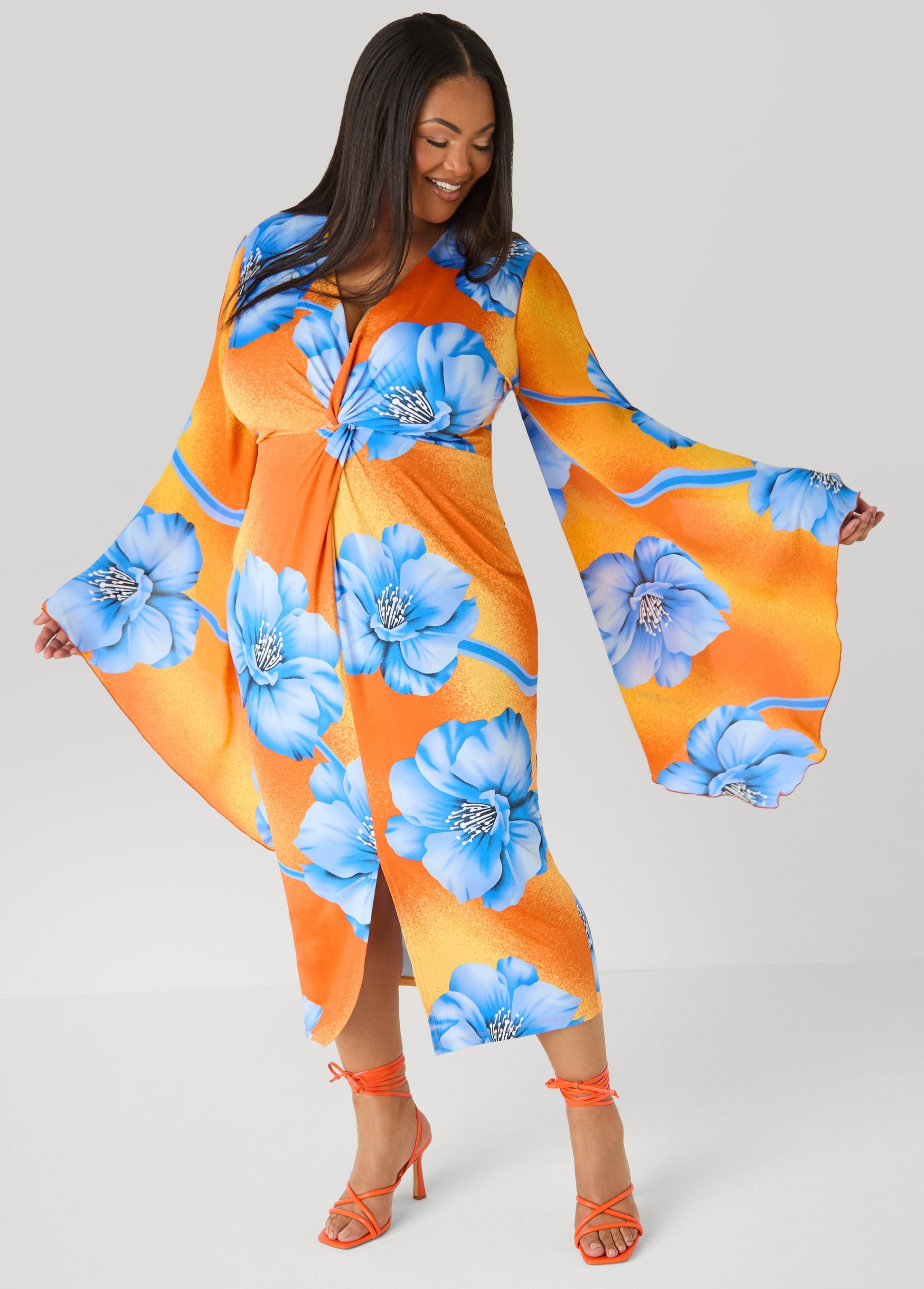 Ashley Stewart Split Sleeve Tropical Print Dress Persimmon Orange