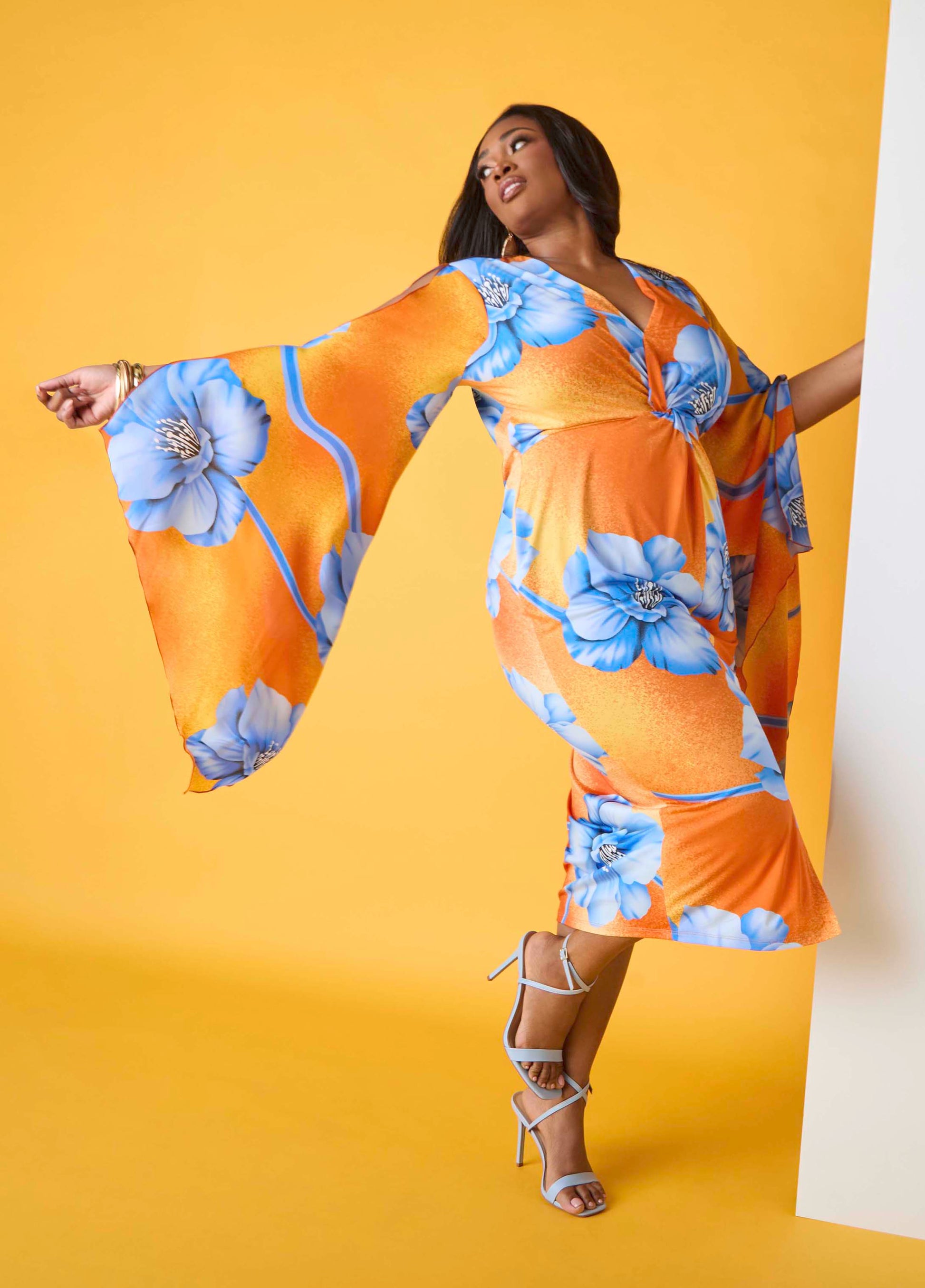 Ashley Stewart Split Sleeve Tropical Print Dress Persimmon Orange