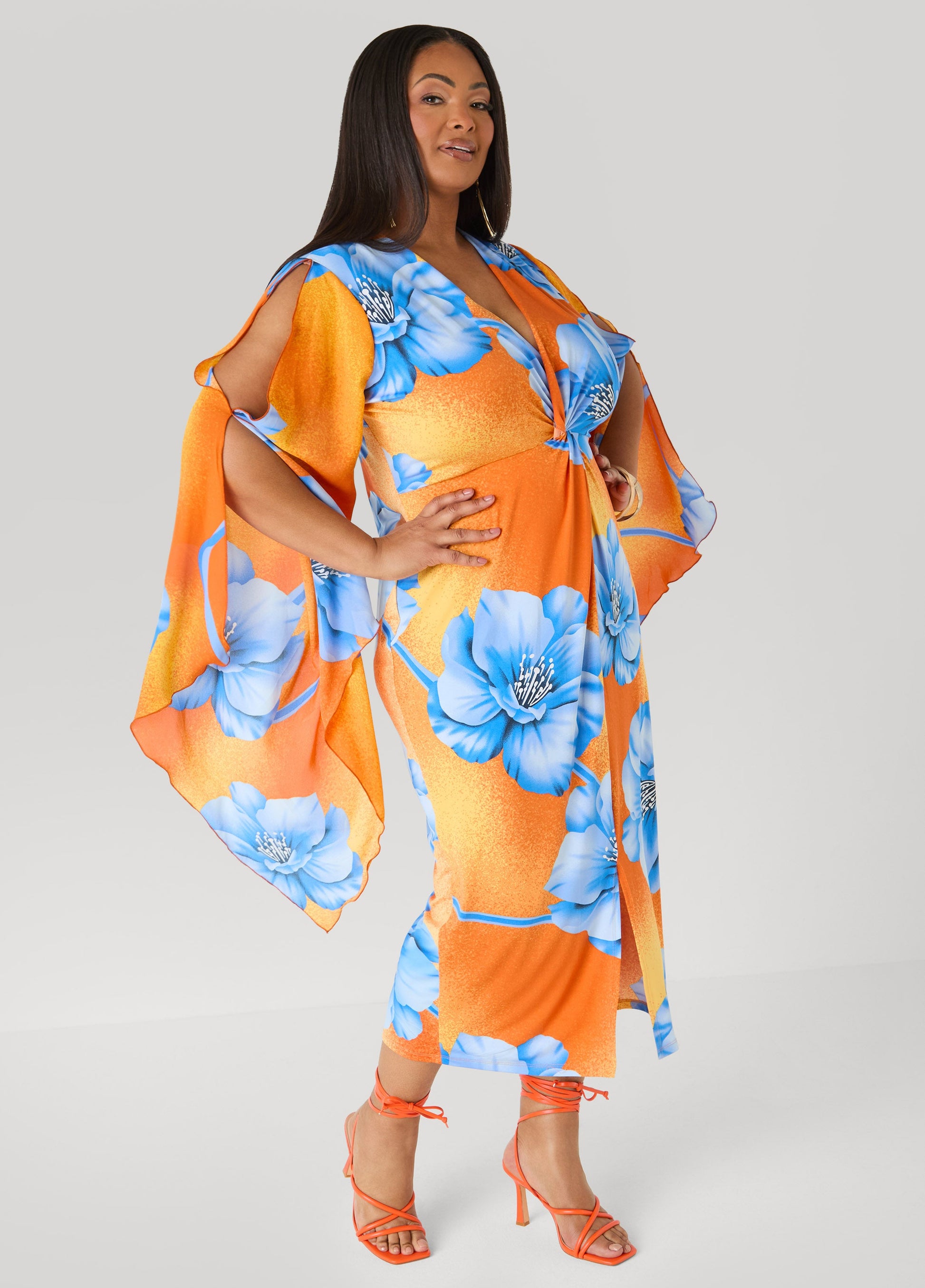 Ashley Stewart Split Sleeve Tropical Print Dress Persimmon Orange