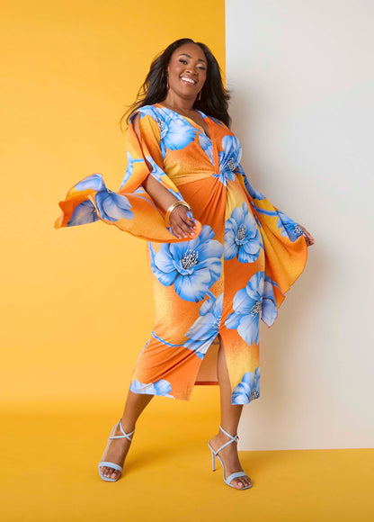 Ashley Stewart Split Sleeve Tropical Print Dress Persimmon Orange