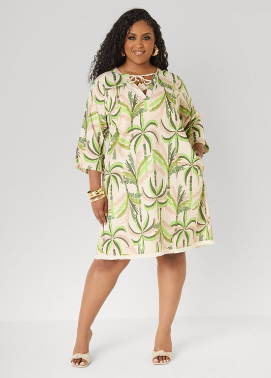 Ashley Stewart Palm Print Linen Blend Dress Olive
