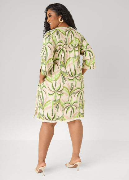 Ashley Stewart Palm Print Linen Blend Dress Olive