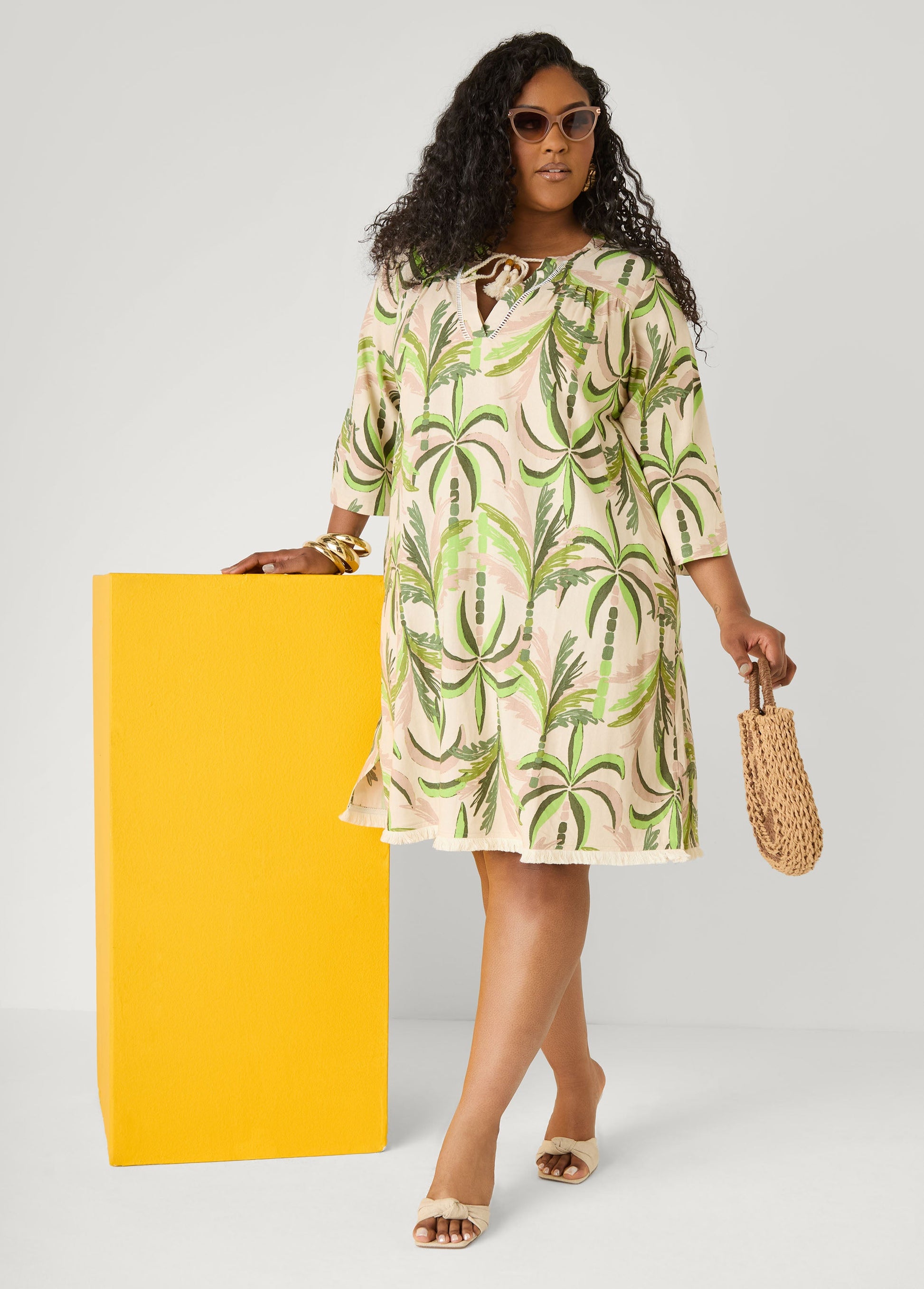 Ashley Stewart Palm Print Linen Blend Dress Olive