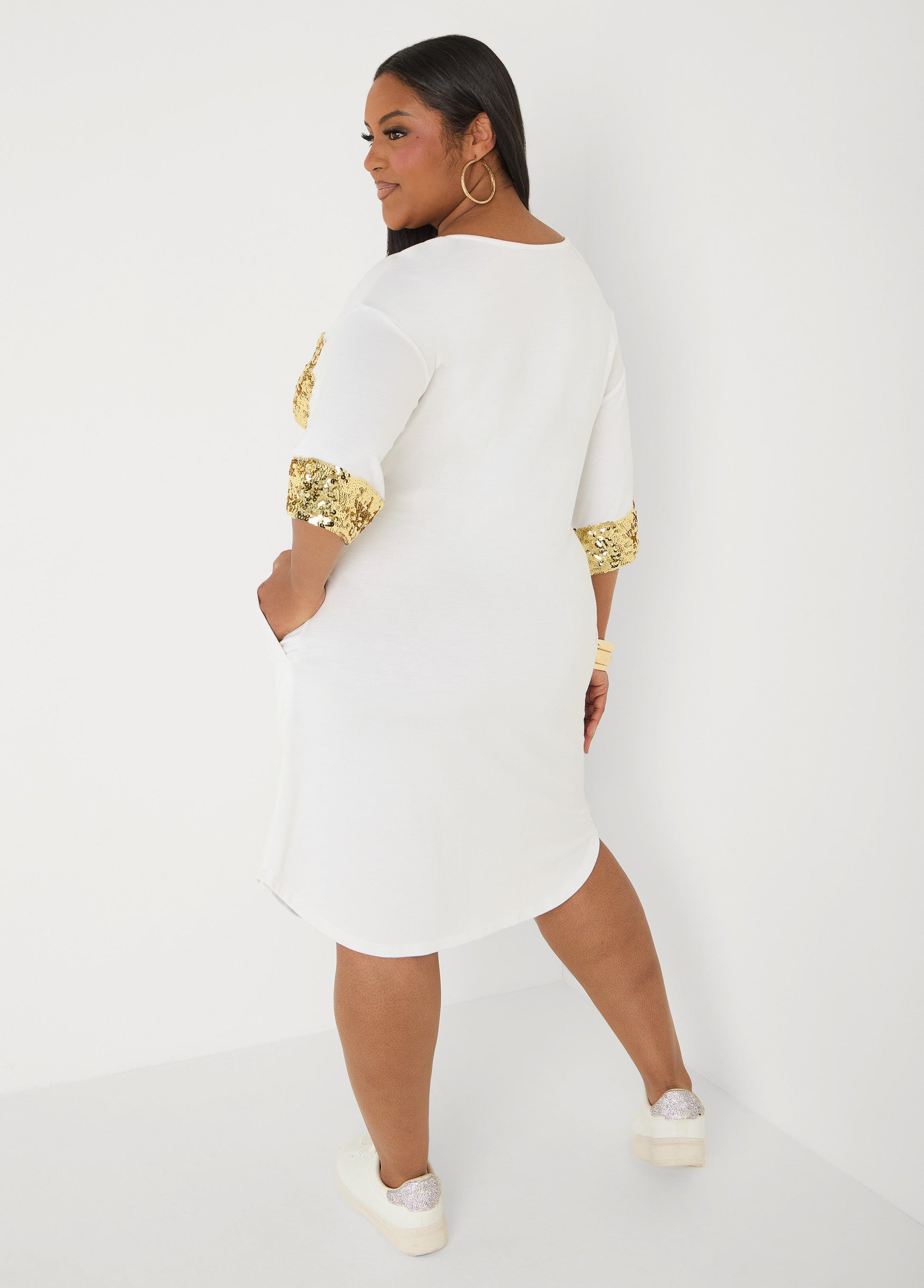 Ashley Stewart Sequined Terry T Shirt Dress White