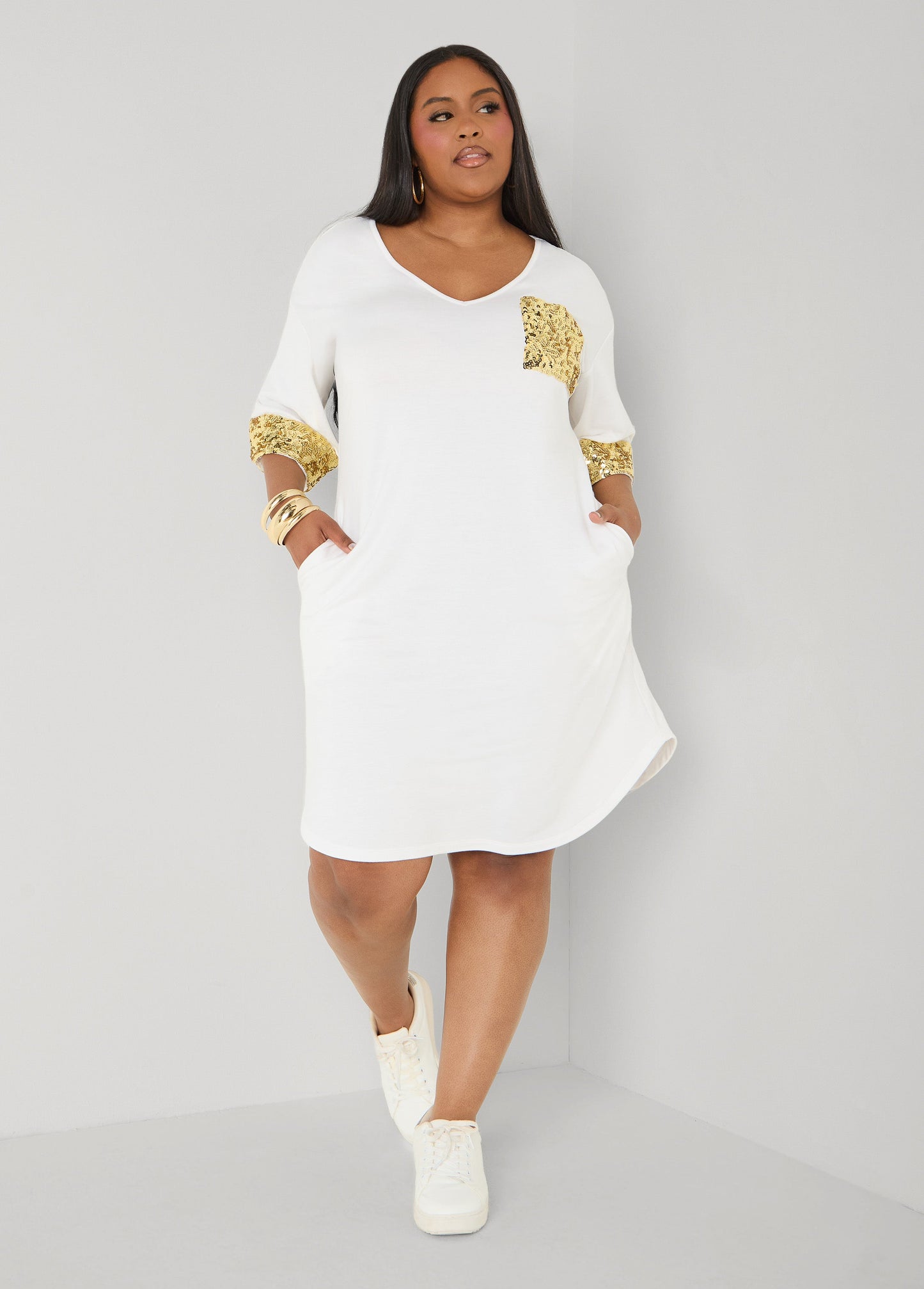 Ashley Stewart Sequined Terry T Shirt Dress White