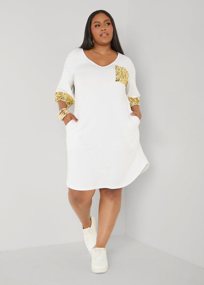Ashley Stewart Sequined Terry T Shirt Dress White