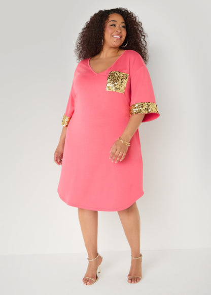 Ashley Stewart Sequined Terry T Shirt Dress White