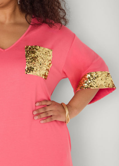 Ashley Stewart Sequined Terry T Shirt Dress White