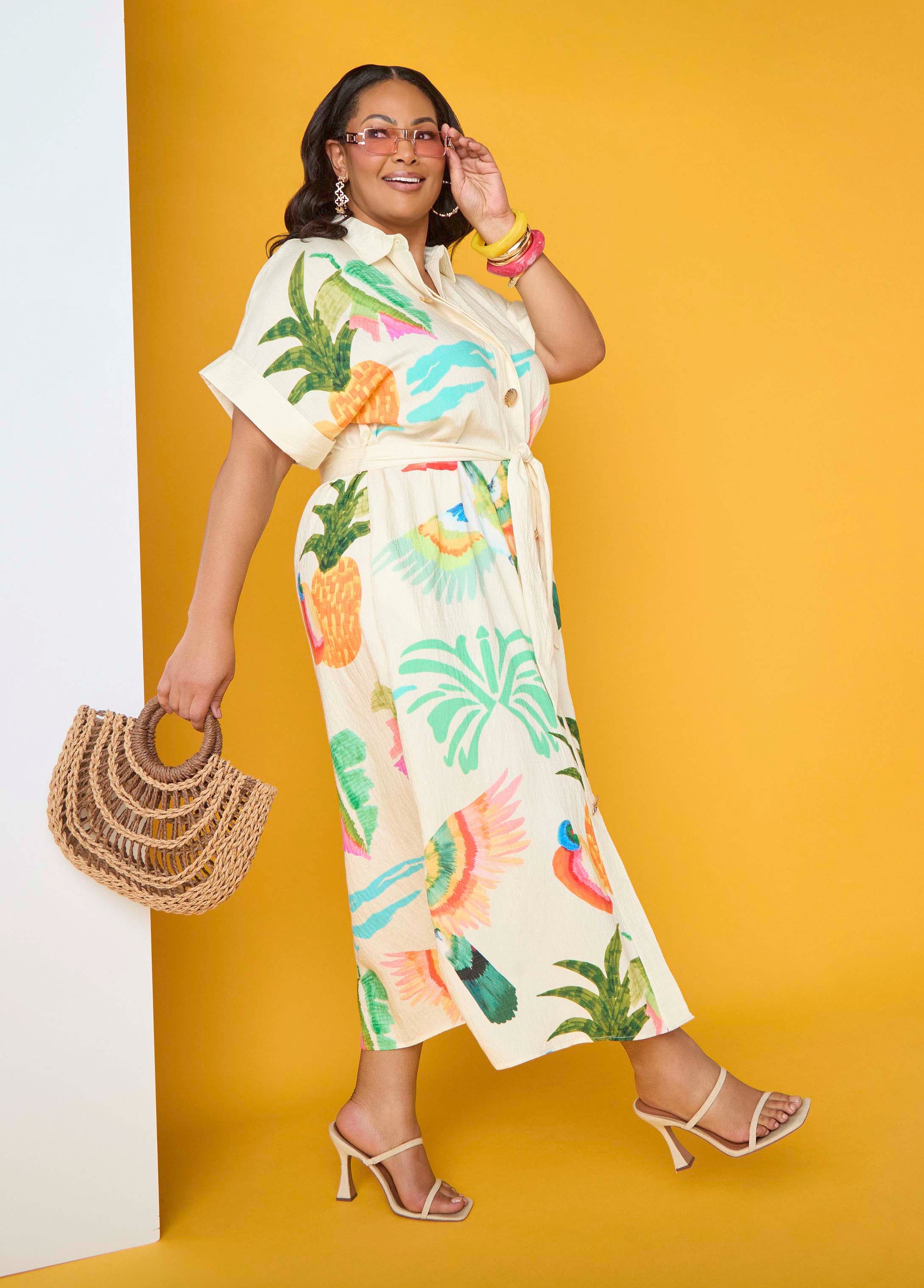 Ashley Stewart Tropical Print Maxi Shirtdress Caribbean Sea
