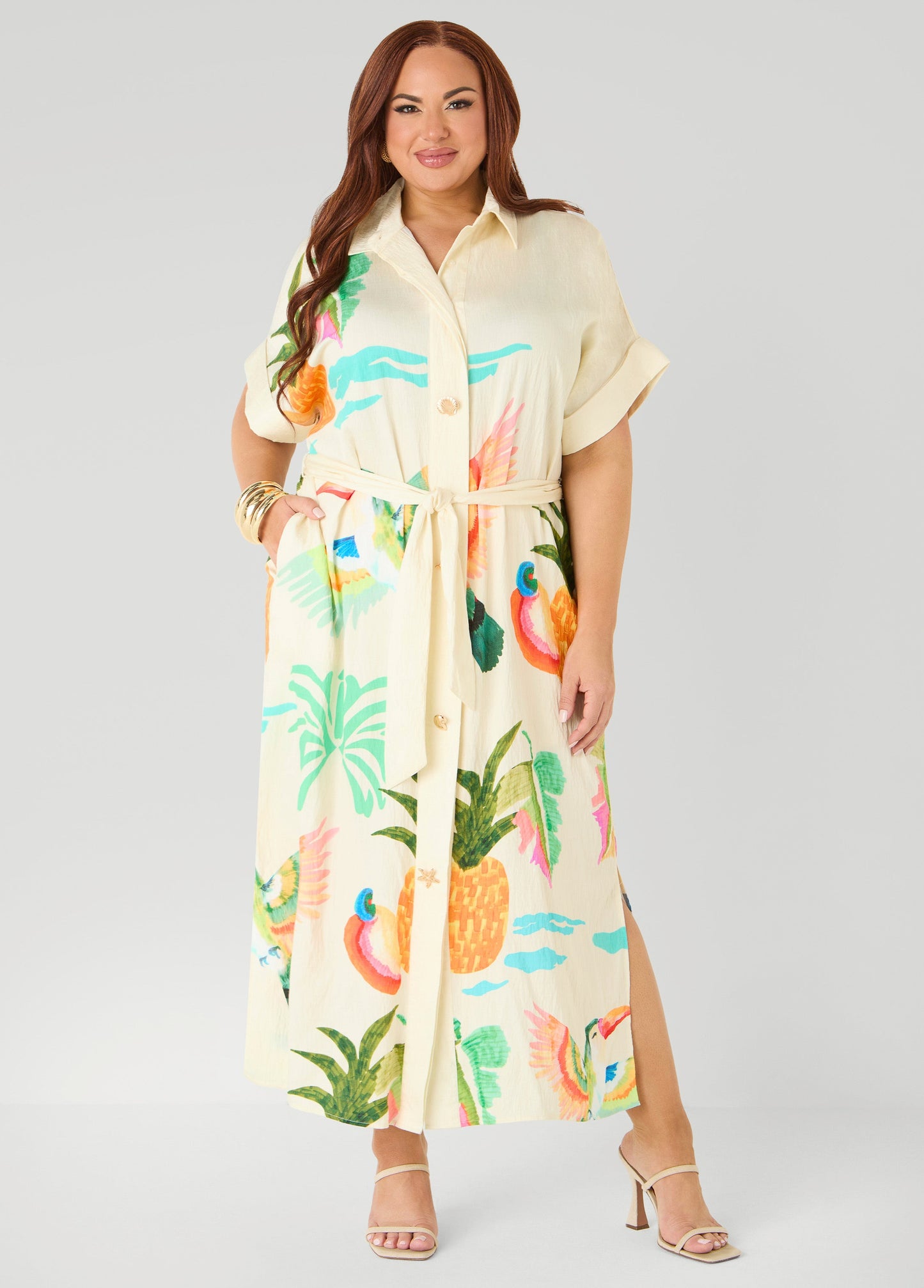 Ashley Stewart Tropical Print Maxi Shirtdress Caribbean Sea