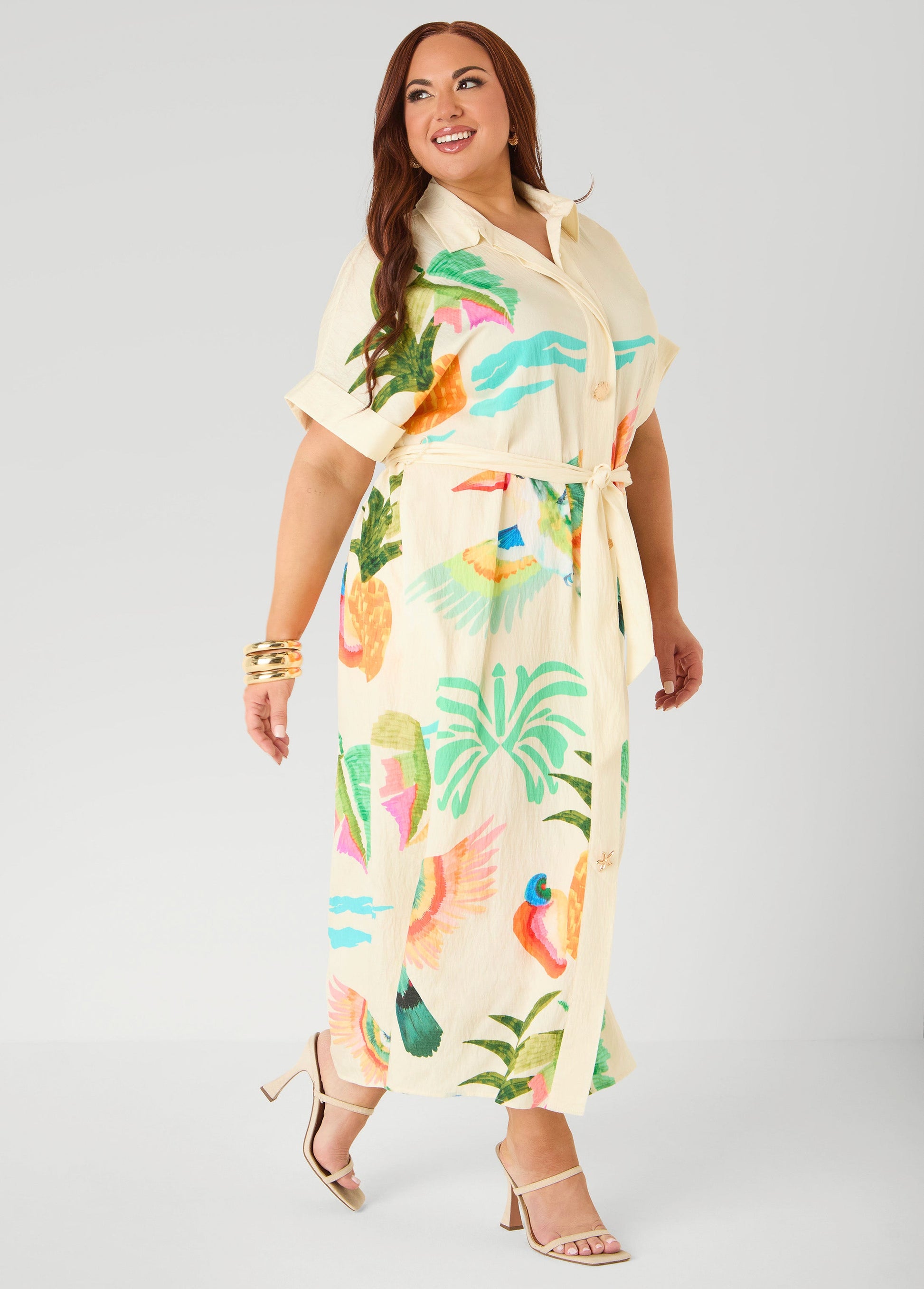 Ashley Stewart Tropical Print Maxi Shirtdress Caribbean Sea