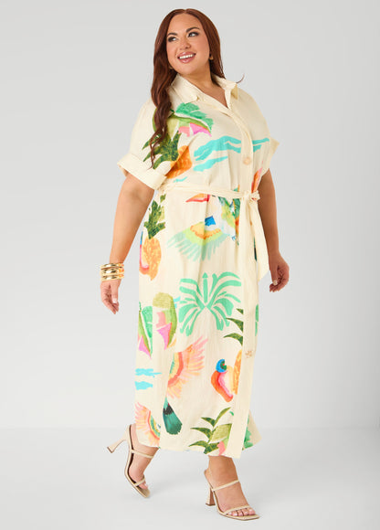 Ashley Stewart Tropical Print Maxi Shirtdress Caribbean Sea