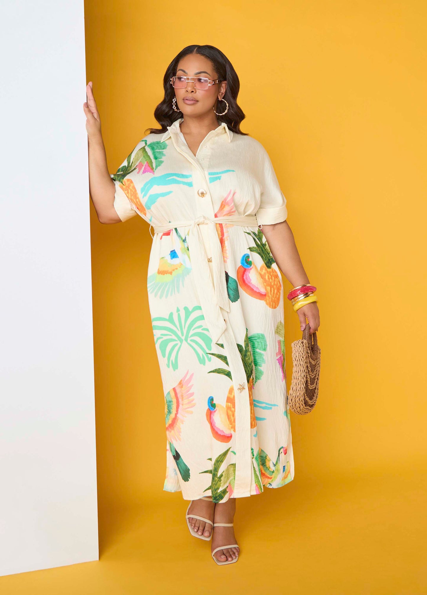 Ashley Stewart Tropical Print Maxi Shirtdress Caribbean Sea