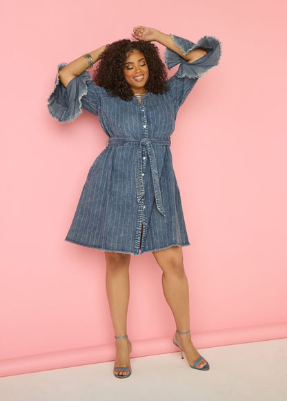 Ashley Stewart Striped Denim Shirtdress Denim Blue