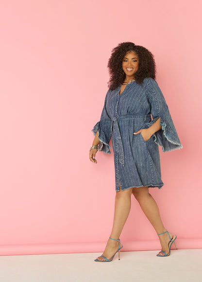 Ashley Stewart Striped Denim Shirtdress Denim Blue