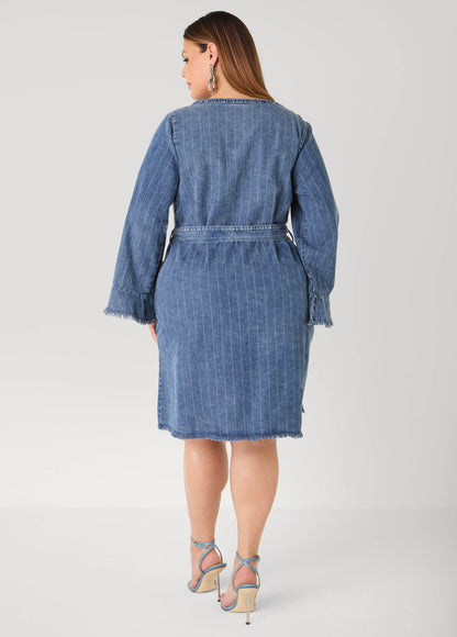 Ashley Stewart Striped Denim Shirtdress Denim Blue