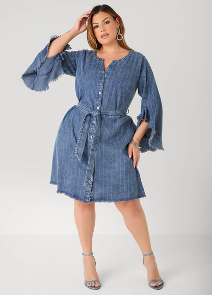 Ashley Stewart Striped Denim Shirtdress Denim Blue
