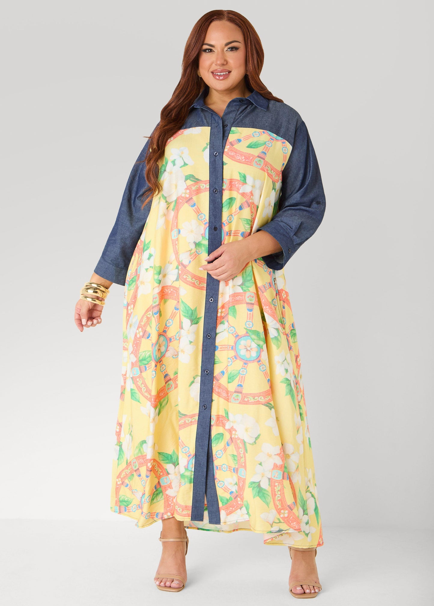 Ashley Stewart Denim Paneled Printed Shirtdress Yellow