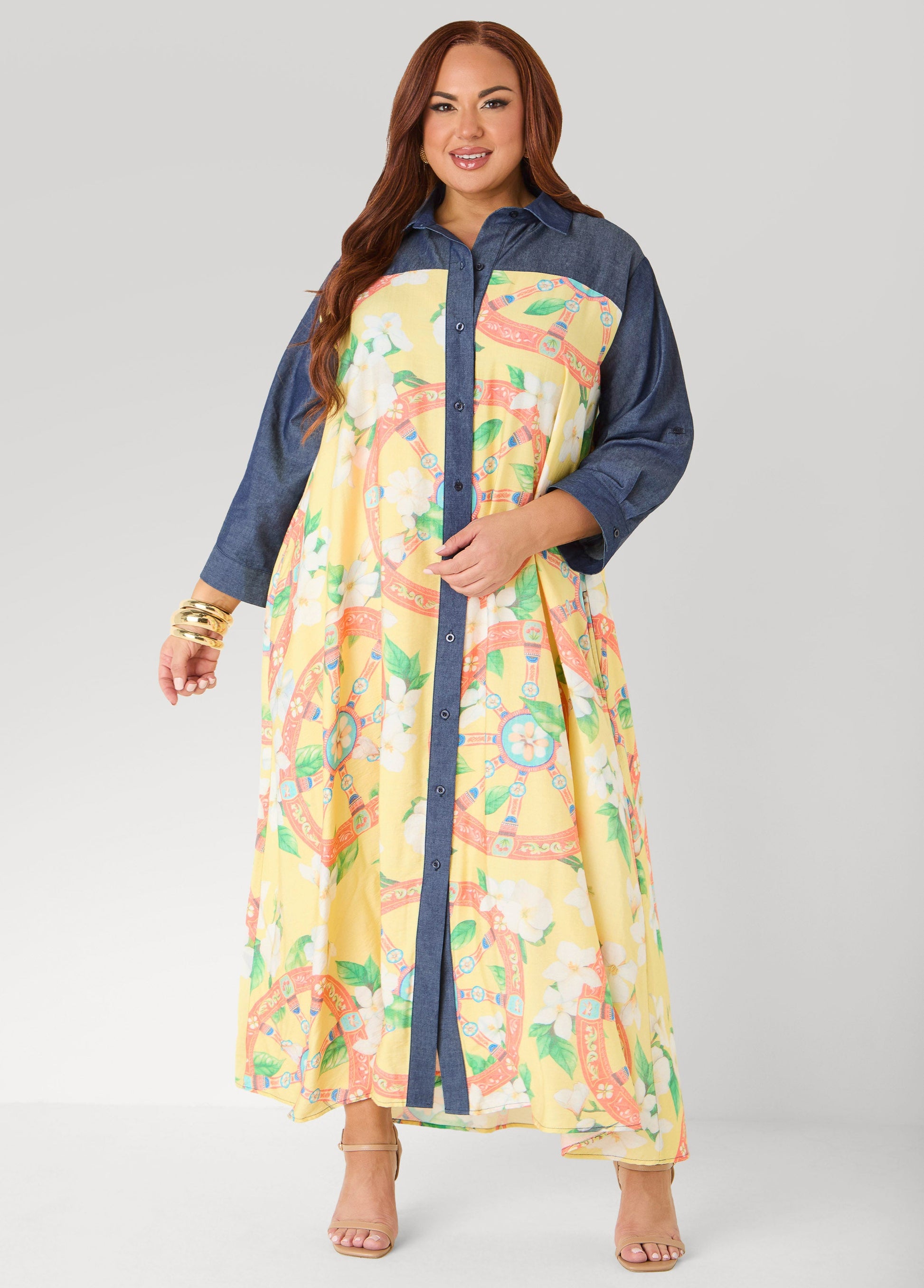 Ashley Stewart Denim Paneled Printed Shirtdress Yellow