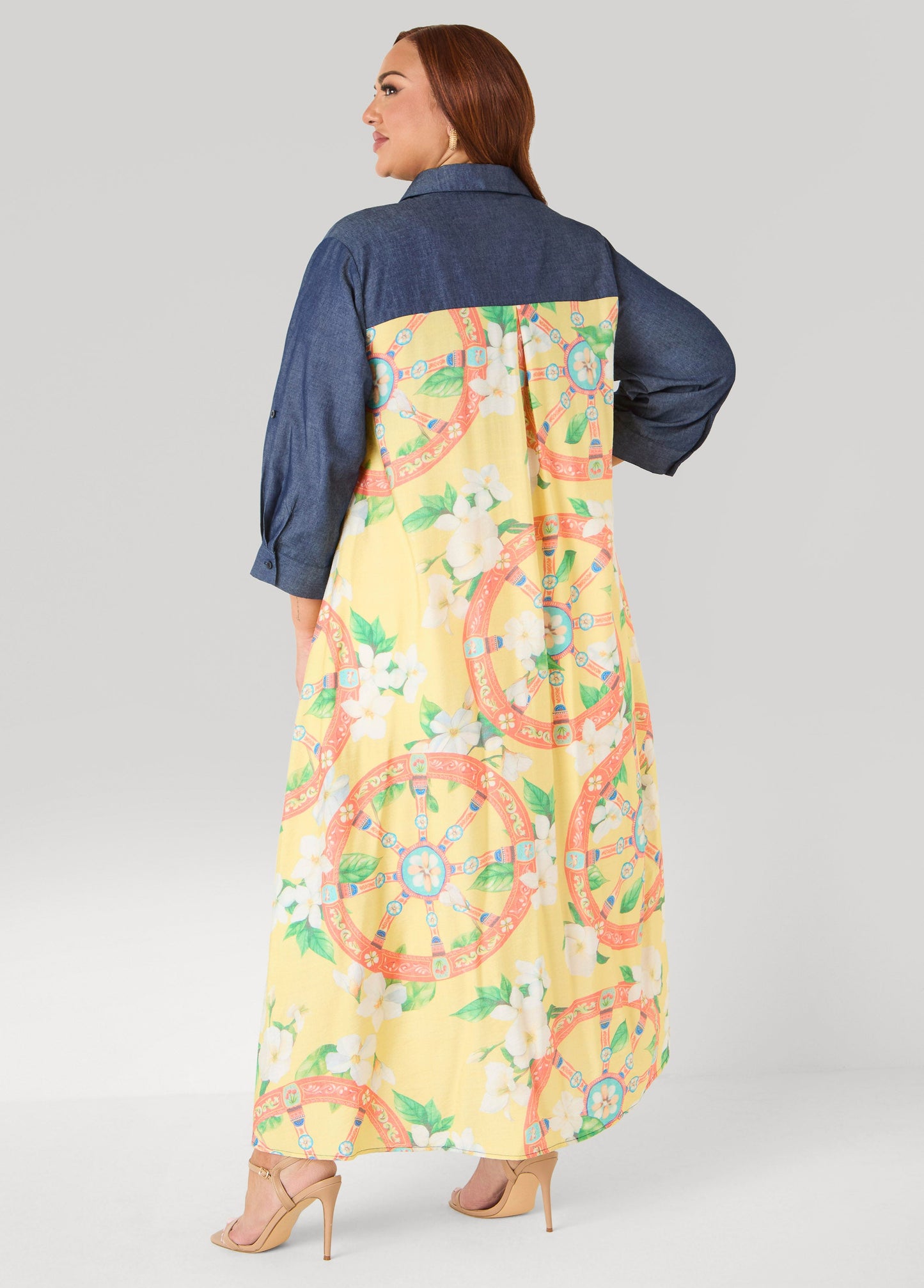 Ashley Stewart Denim Paneled Printed Shirtdress Yellow