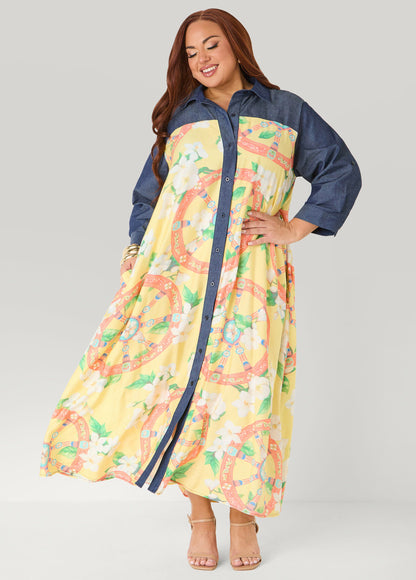 Ashley Stewart Denim Paneled Printed Shirtdress Yellow