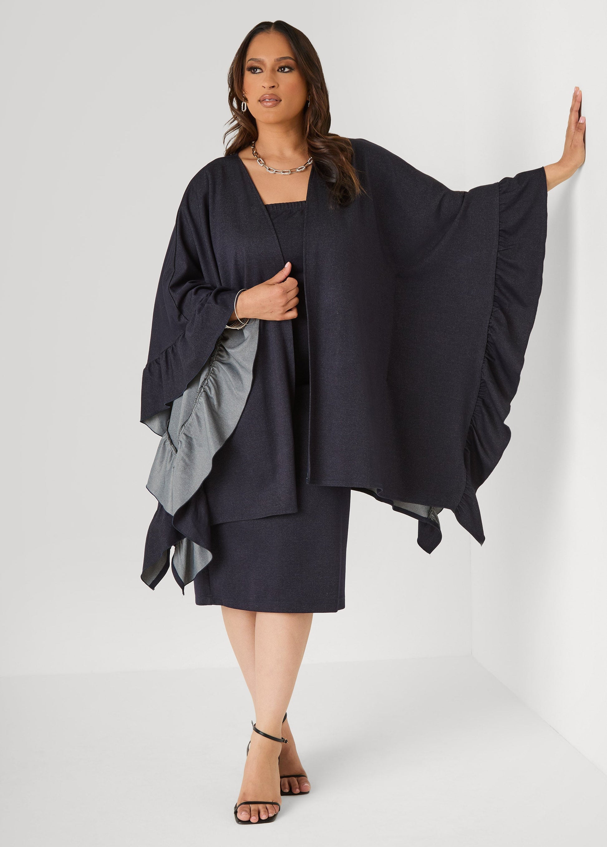 Ashley Stewart Ruffle Trimmed Denim Kimono Denim